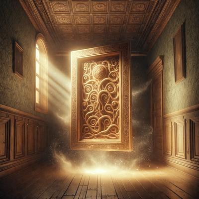 The primary subject of the image is a large, ornate wooden door with a carved design. The door is open, revealing a bright, sunlit room. The setting is a room with a wooden floor, and the visual style appears to be a digital art or illustration. The dominant colors in the image are bright and warm, creating a welcoming and inviting atmosphere.